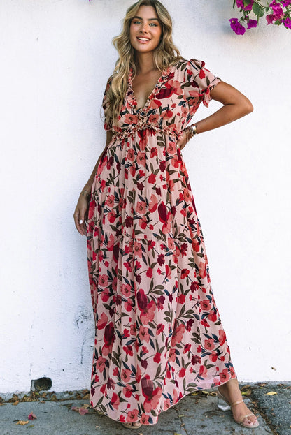 Fiery Red Floral Print Frilled V Neck Short Sleeve Maxi Dress