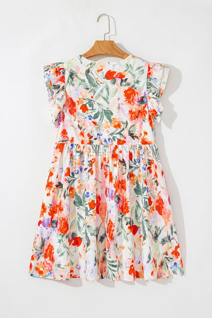 Pink Floral Double Ruffle Sleeve V Neck High Waist Mini Dress