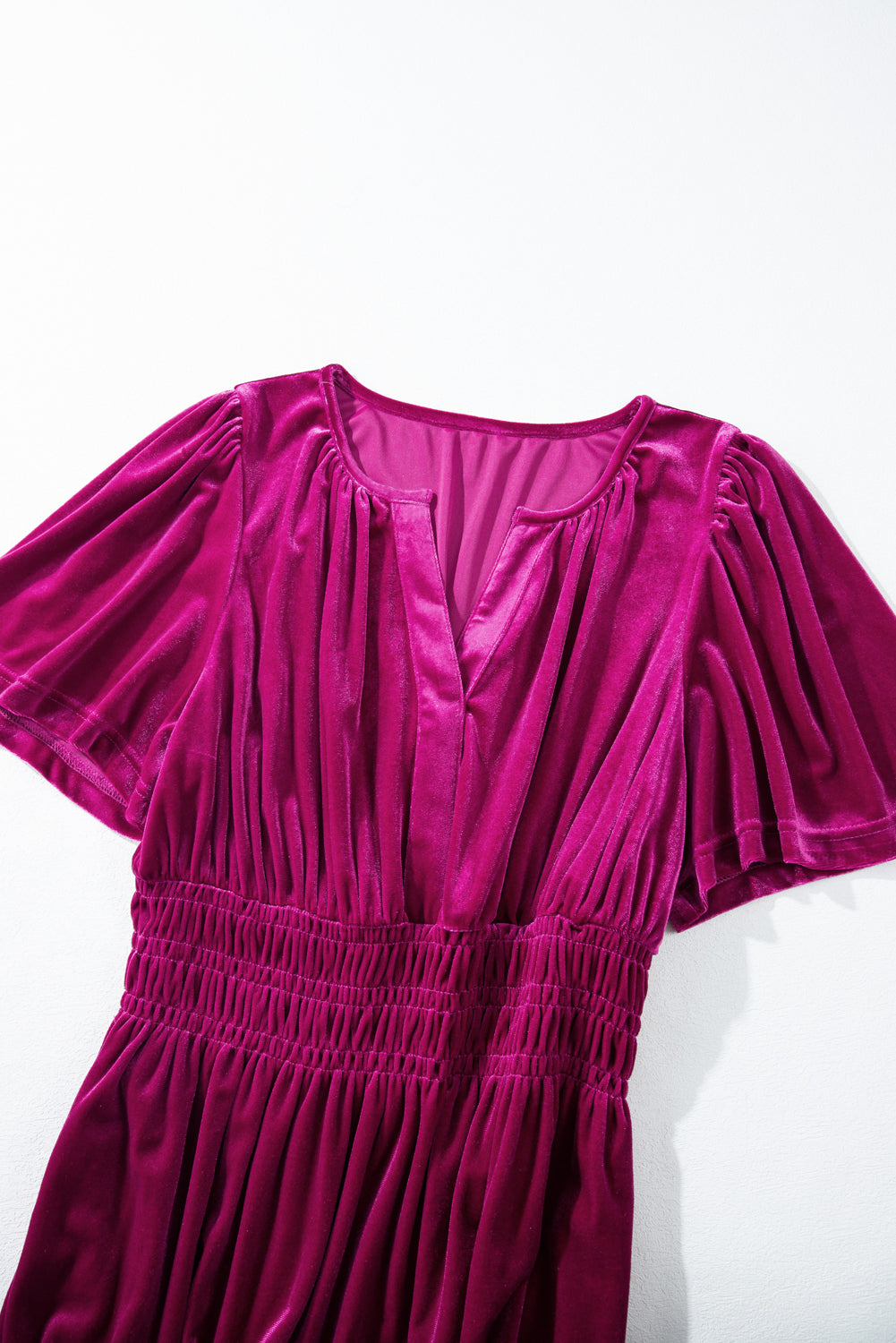 Velvet Short Sleeve Shirred Waist Tiered Maxi Dress