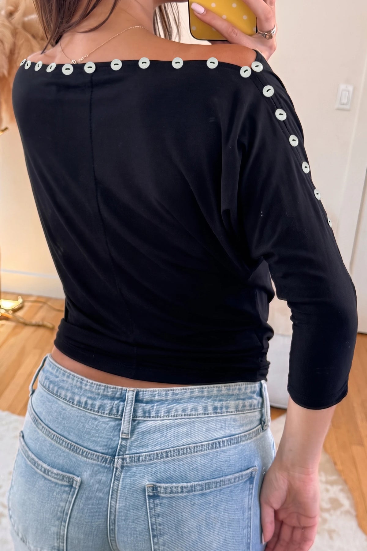 Black 3/4 Sleeve Button Detail Off Shoulder Top