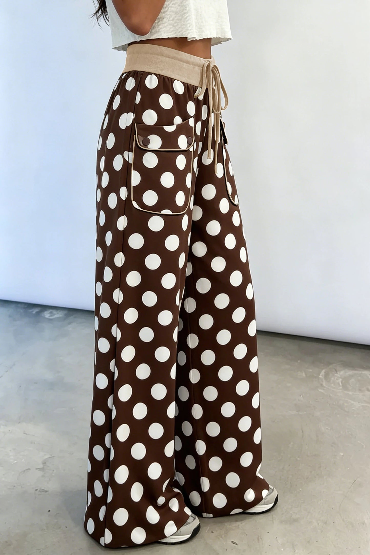Brown Polka Dot Drawstring Pocket Wide Leg Pants