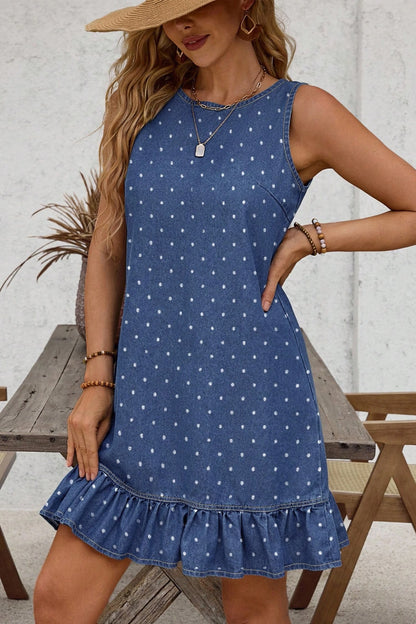 Blue Polka Dot Ruffle Hem Sleeveless Denim Mini Dress