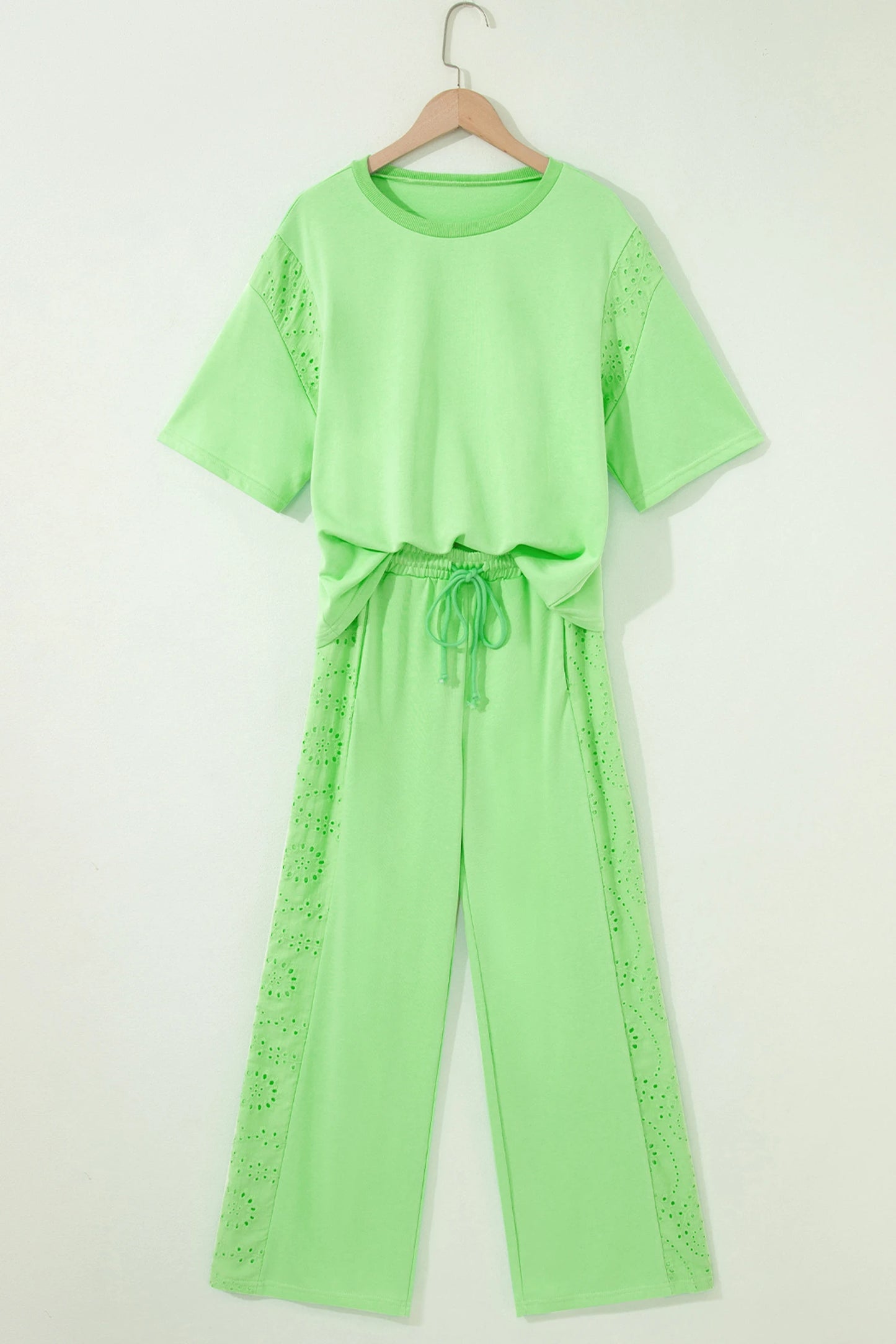 Lace Patchwork Half Sleeve Top Elastic Waist Pants Two Piece Set