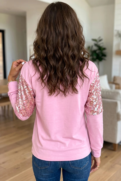 Pink Long Sleeve Sequin Round Neck Pullover Top