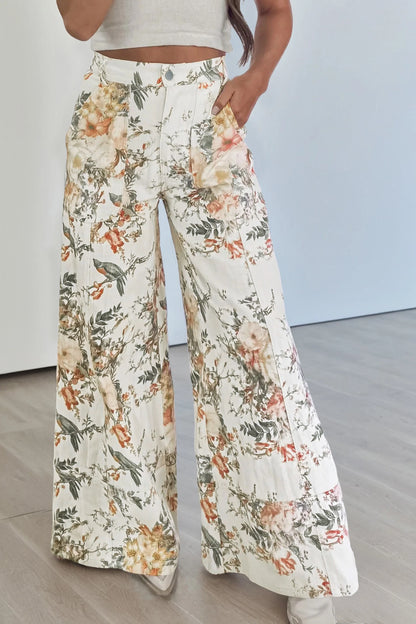 Beige Vintage Style Floral Print High Waist Wide Leg Jeans