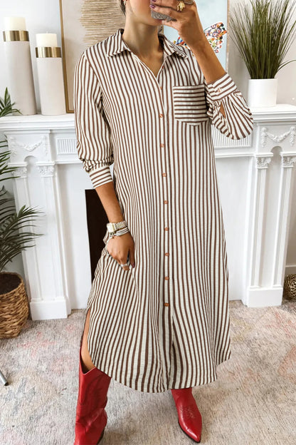 Brown Stripe Textured 3/4 Sleeve Round Hem Split Midi Shirt Dress