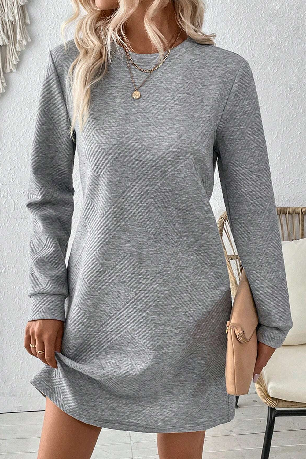 Solid Color Textured Long Sleeve Shift Dress