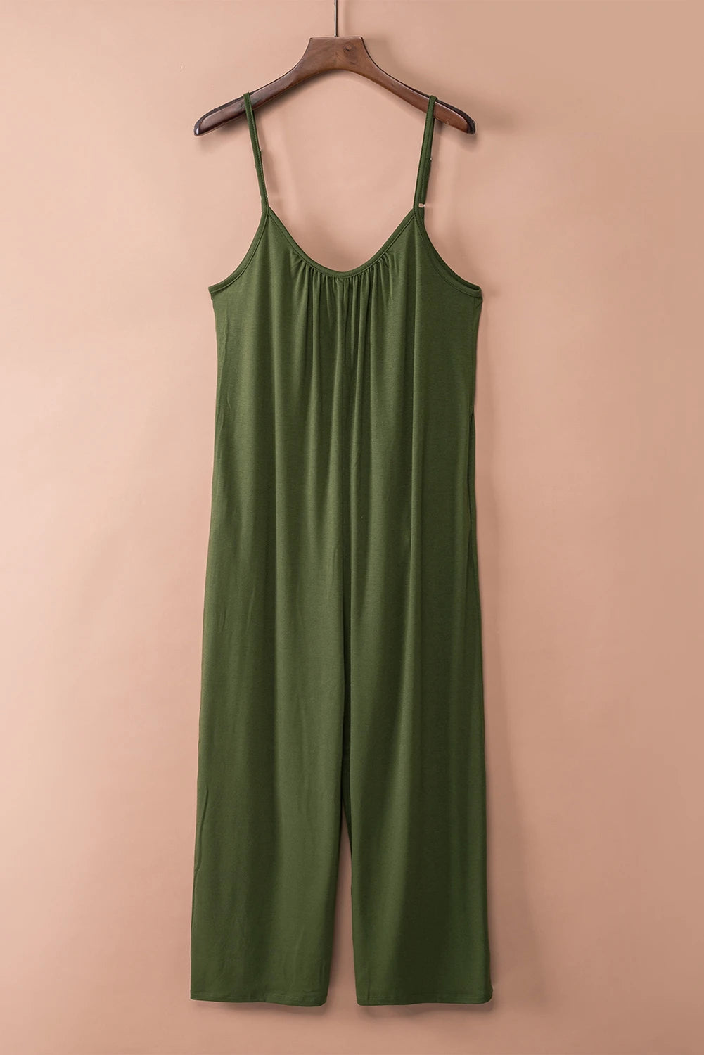 Green Spaghetti Straps Wide Leg Pocketed Jumpsuits