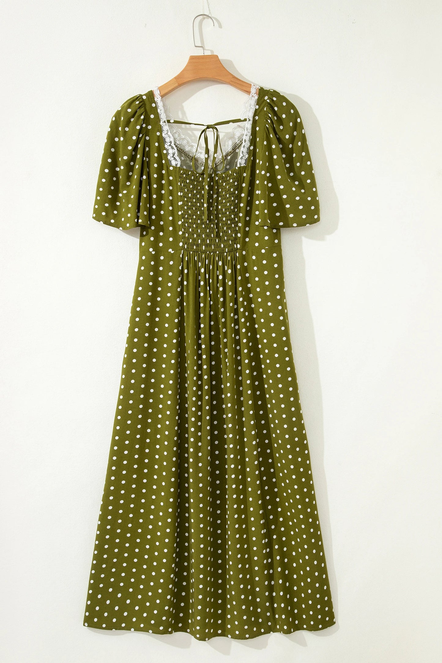 Green Polka Dot Print Lacy Neckline Smocked High Waist Maxi Dress