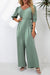 Green V Neck Puff Sleeve Hollow out Wide Leg Jumpsuit