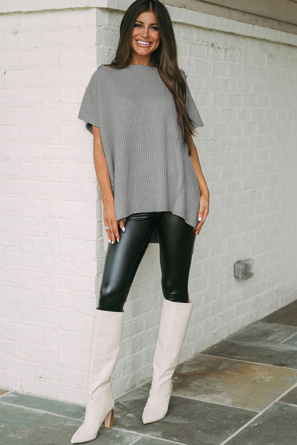 Short Sleeve Side Slit Oversized Sweater