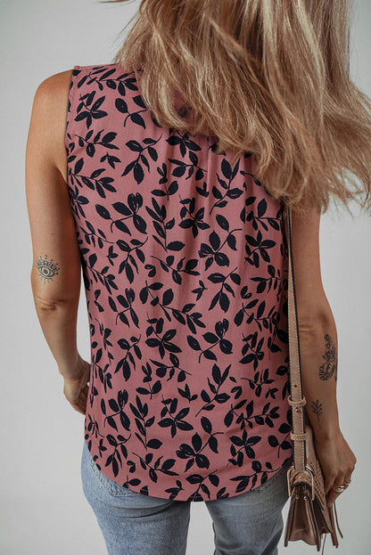 Brown Leaf Print Lace-up V Neck Crinkled Tank Top