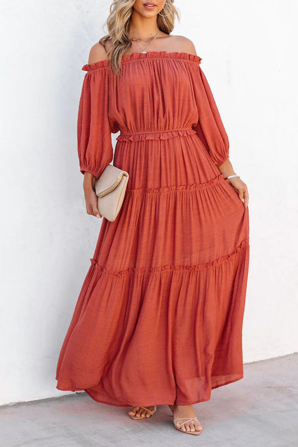 Orange off the shoulder maxi dress discount