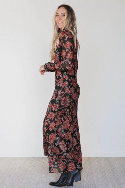 Black Retro Floral Print Long Sleeve Casual Mesh Dress