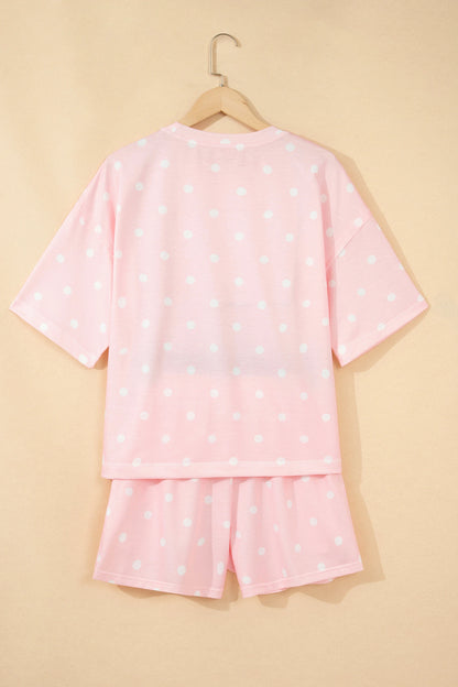 Polka Dot Short Sleeve Loose Top Drawstring Shorts Set