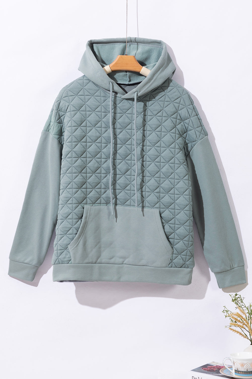 Drop Shoulder Quilted Patchwork Kangaroo Pocket Hoodie