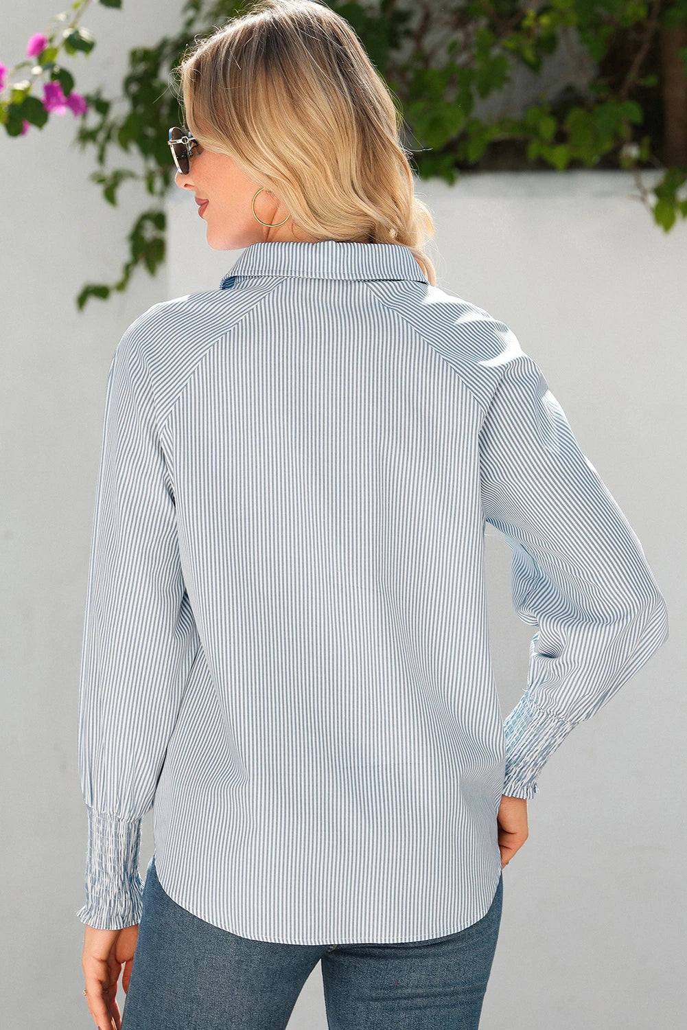Gray Pinstripe Long Sleeve Smocked Cuffs Button Shirt Collar Blouse
