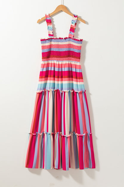 Red Stripe Ruffled Straps Smocked Tiered Long Dress