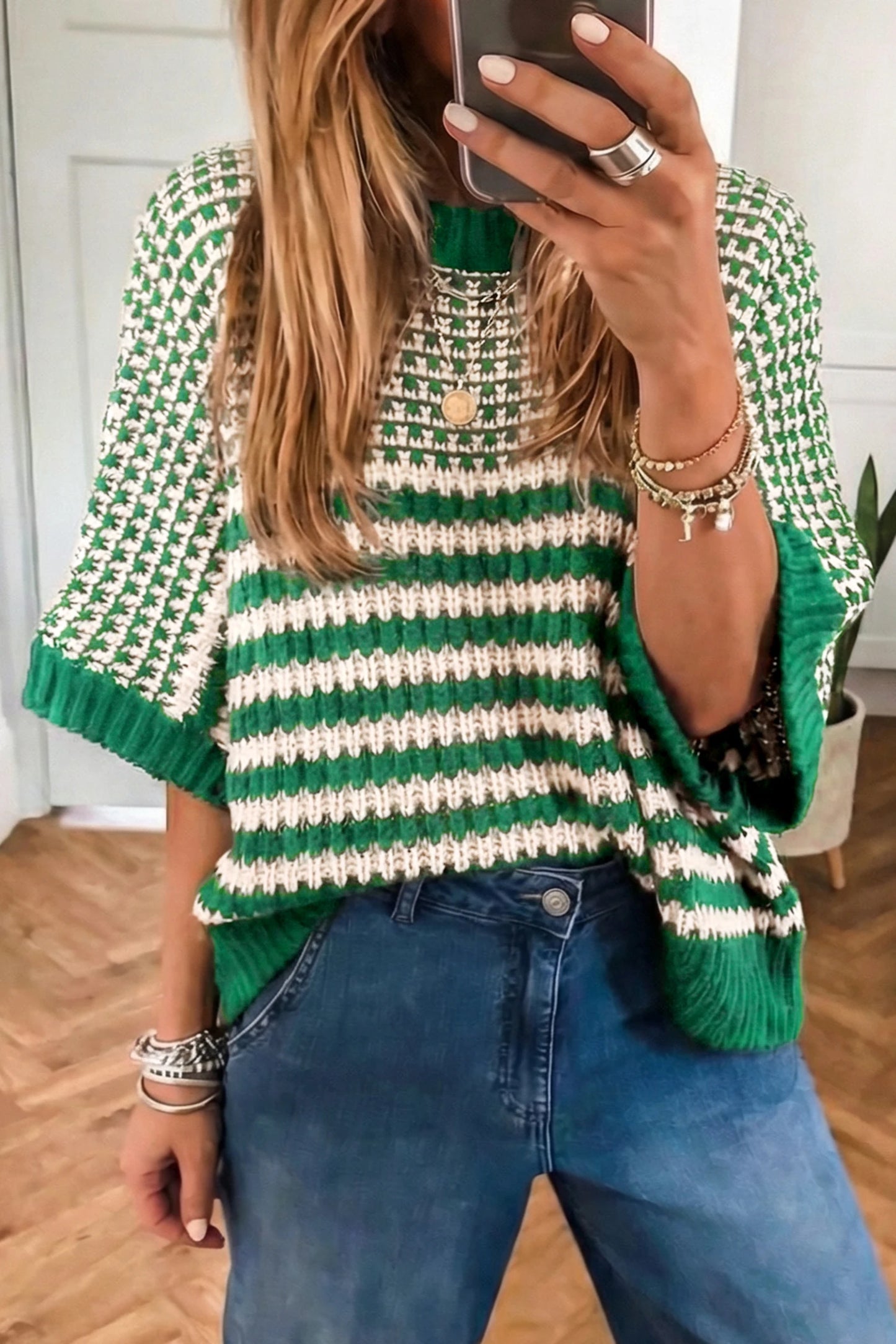 Stripe 3/4 Draped Sleeve Slouchy Sweater