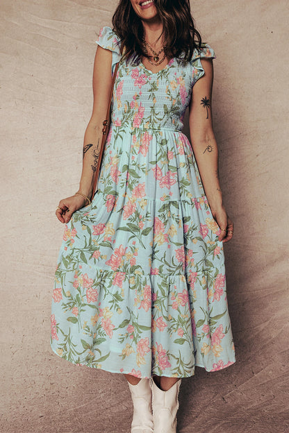 Smocked Bodice Ruffled Sleeveless Tiered Floral Maxi Dress