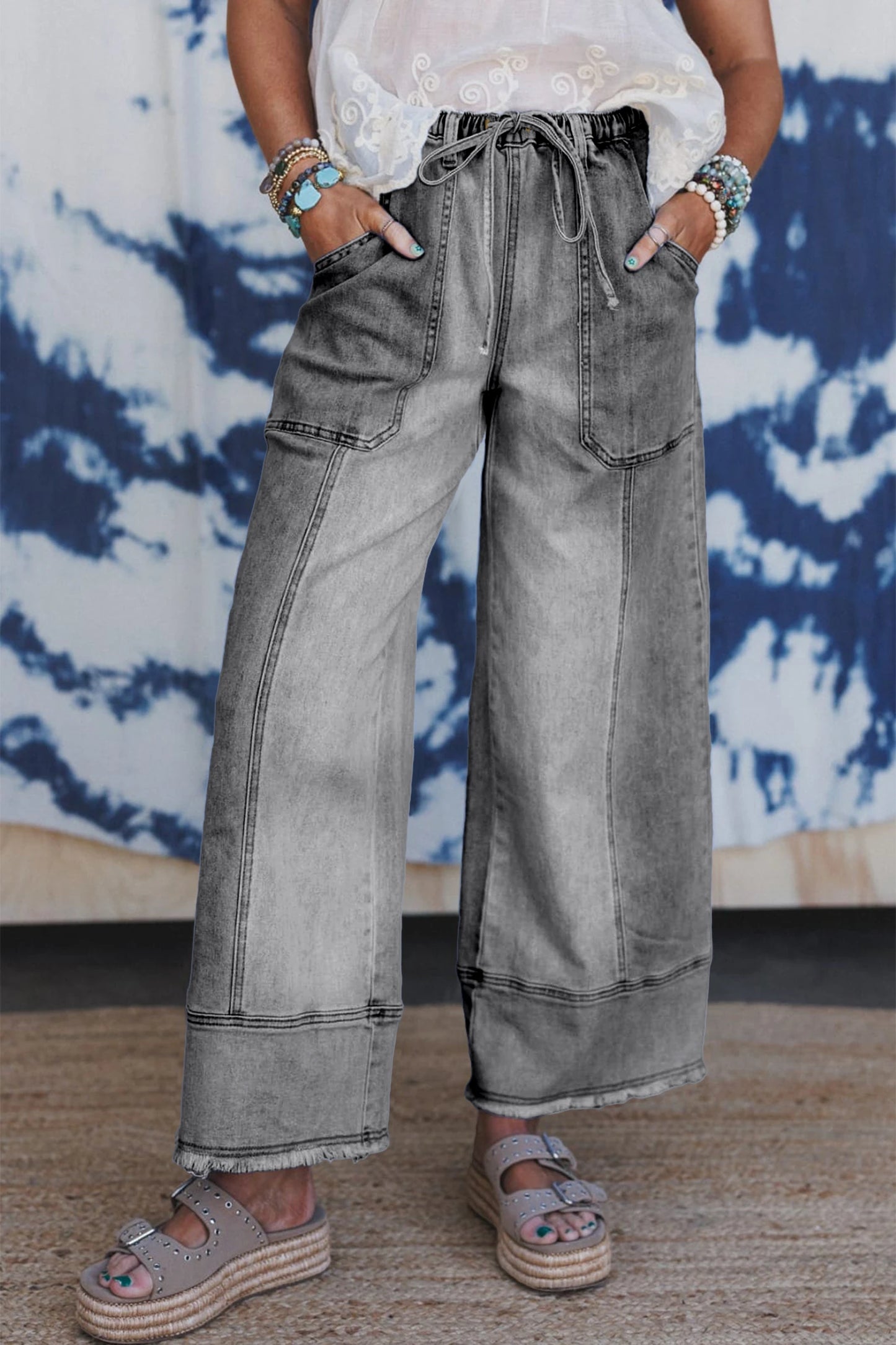 Gray Drawstring Seam Detail Raw Hem Wide Leg Denim Pants