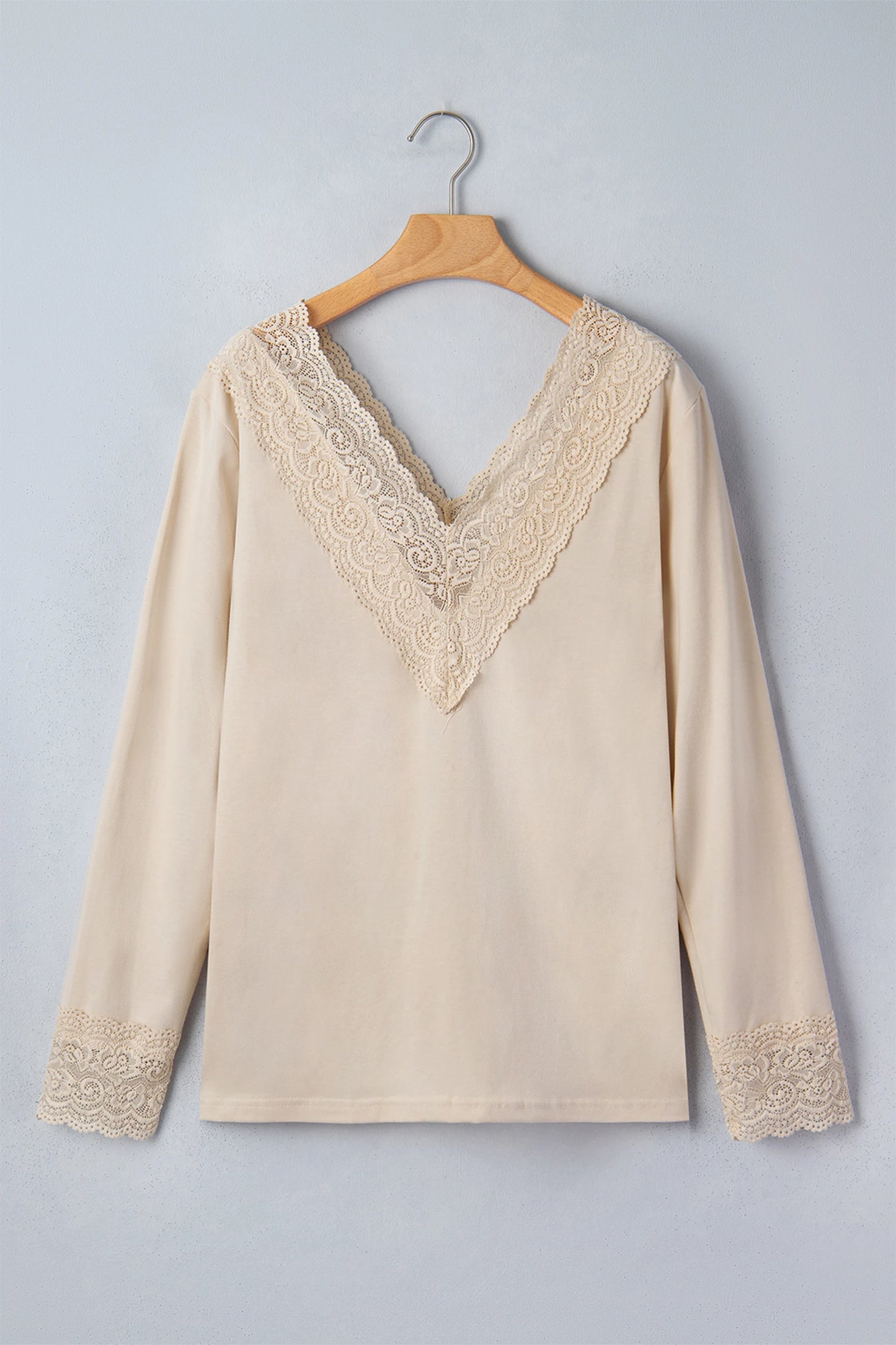 Apricot Lace Splicing V Neck Long Sleeve Top