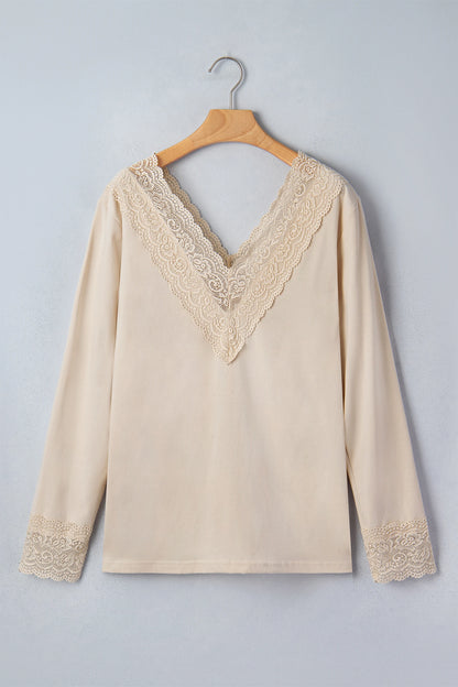 Apricot Lace Splicing V Neck Long Sleeve Top