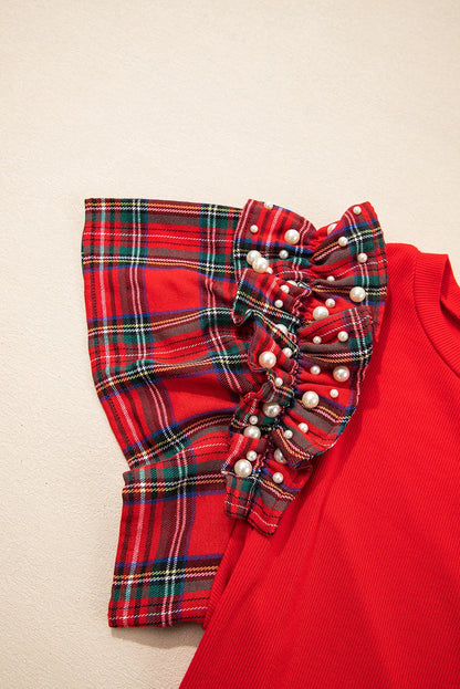 Racing Red Plaid Pearl Ruffle Short Sleeve Loose T Shirt