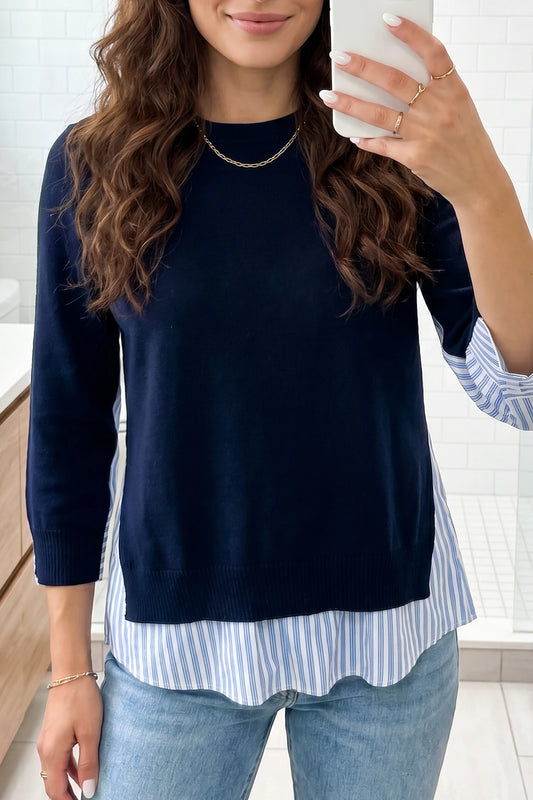 Navy Blue Drop Shoulder Long Sleeve Striped Pullover Sweater