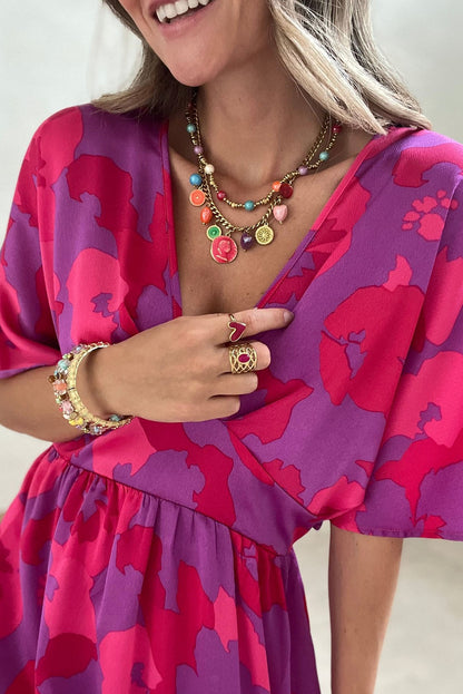 Rose Abstract Floral Print V Neck Dolman Maxi Dress