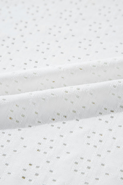 White Eyelet Pattern Boat Neck Casual Tee