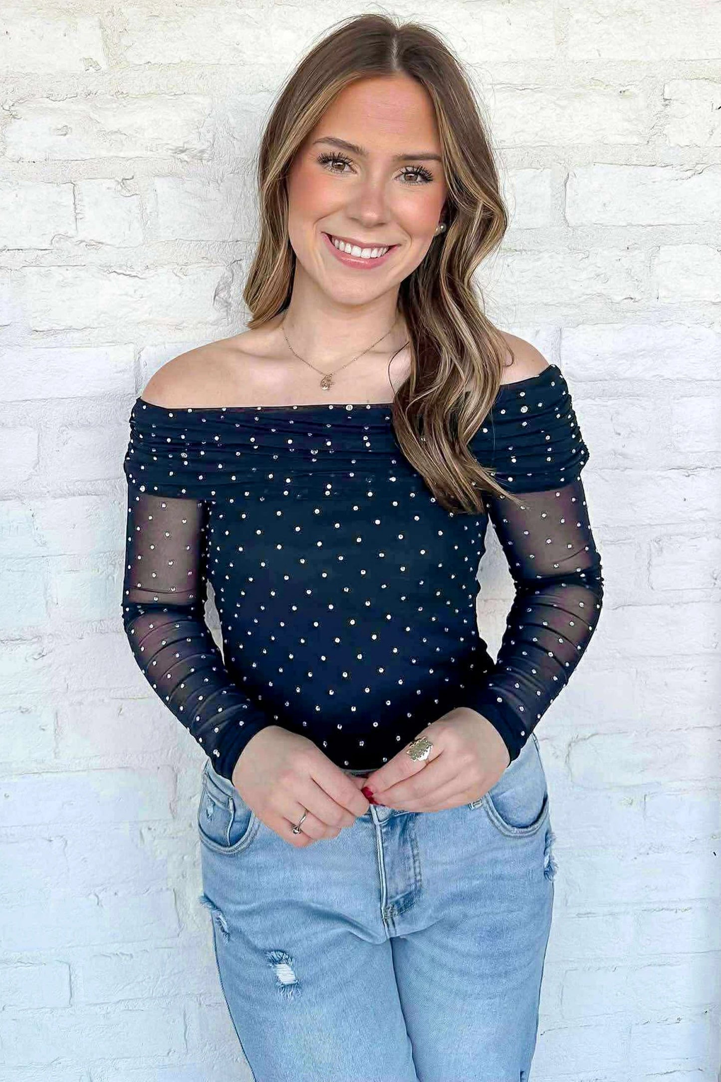 Blue Off Shoulder Polka Dot Mesh Long Sleeve Sheath Top