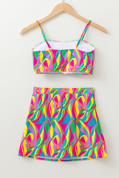 Multicolour Abstract Print Textured Spaghetti Strap High Waist Bikini Set