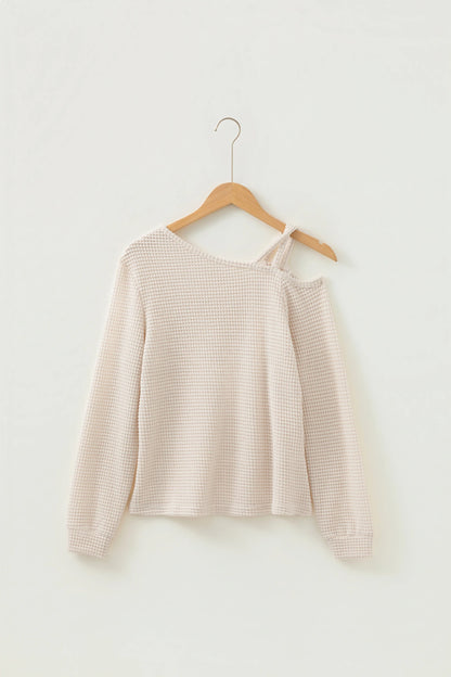 Jet Stream Solid Color Textured Knit Asymmetric Shoulder Long Sleeve Top
