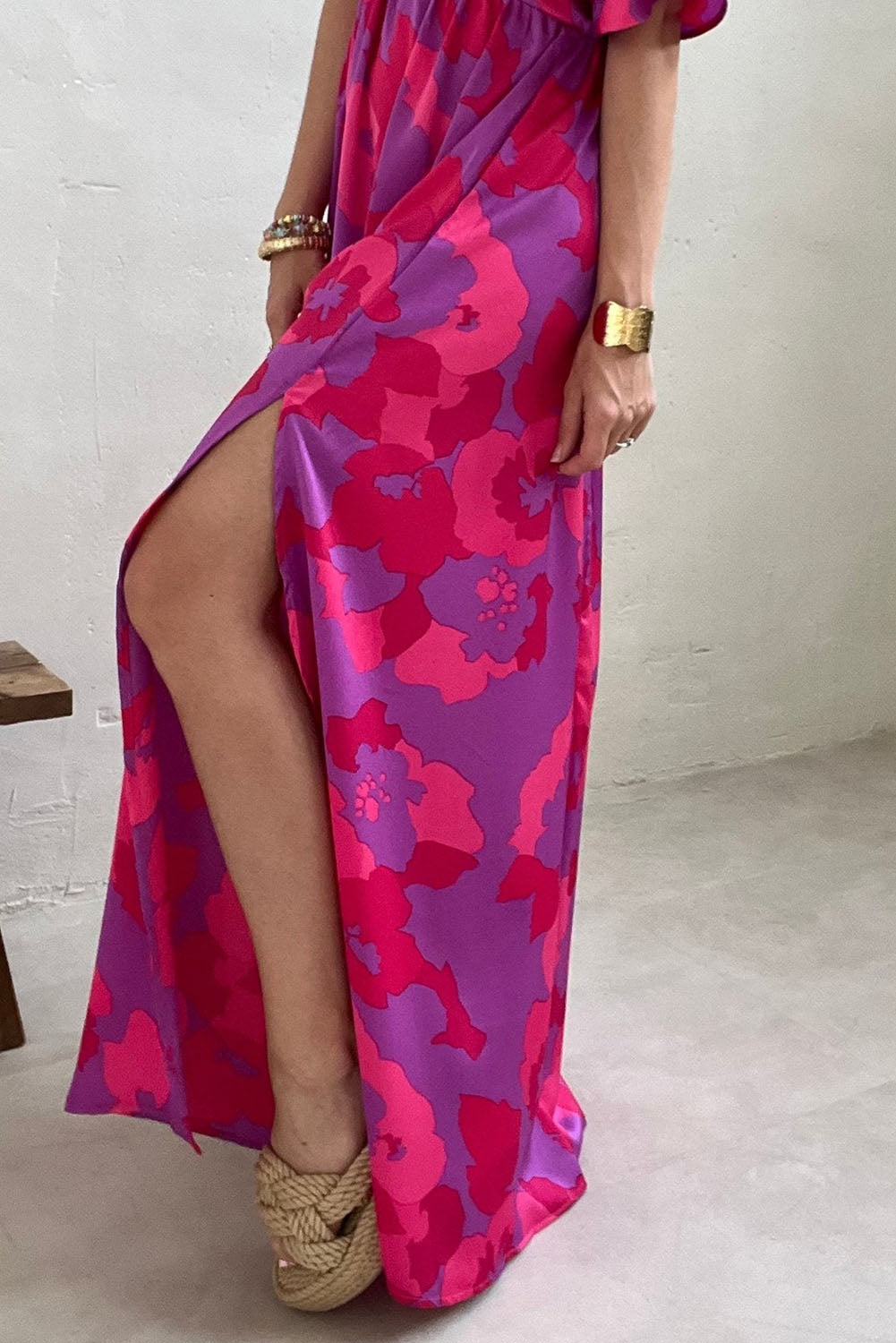 Rose Abstract Floral Print V Neck Dolman Maxi Dress