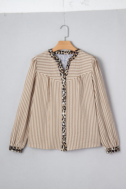 Brown Stripe Leopard Patchwork Long Sleeve Shirt