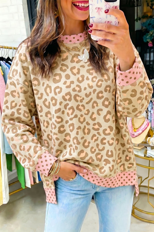 Khaki Leopard Polka Dot Colorblock Trim Long Sleeve Top