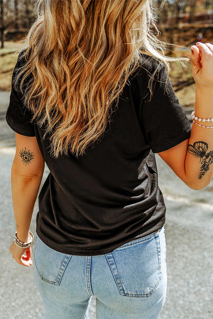 Black Santa Tufted Graphic Round Neck Casual T-Shirt