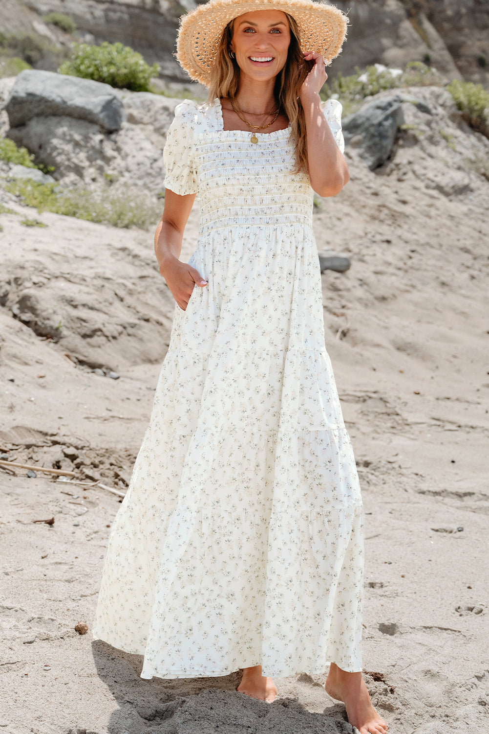 tiered white maxi dress Frilly Shirred Bodice Floral – The Perfect Touch SA 38 inches Women's Bodycon Maxi Dresses Width:36