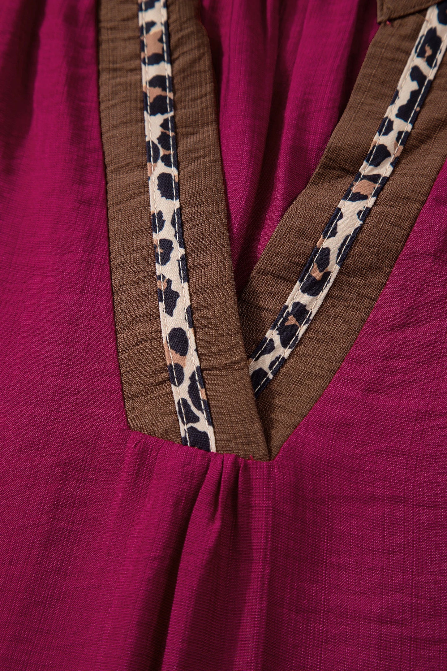 Leopard Trim V Neck Flounced Bracelet Sleeve Blouse