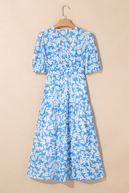 Sky Blue Floral V Neck Puff Short Sleeve Flowy Long Dress