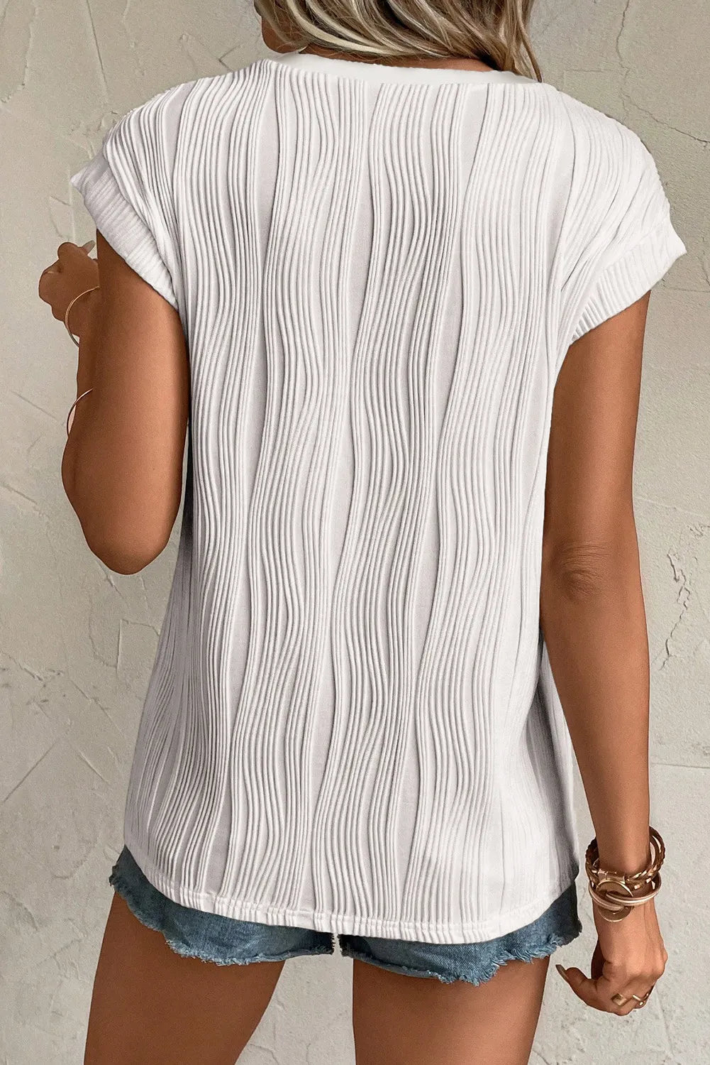 Wavy Textured Button V Neck Tee