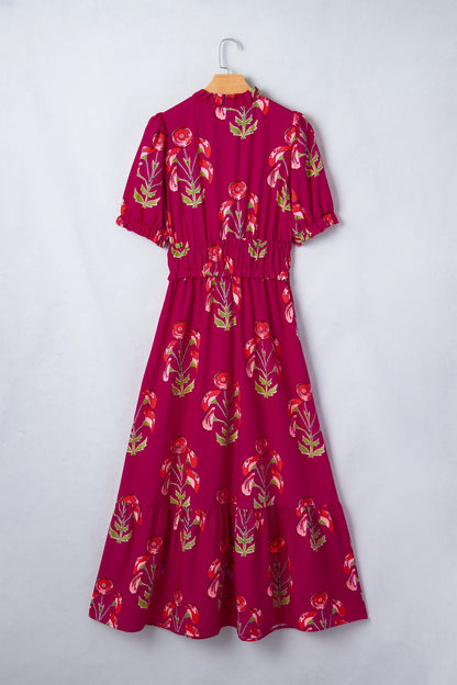 Red Floral Print Frilled V Neck Short Sleeve Ruffle Maxi Dress