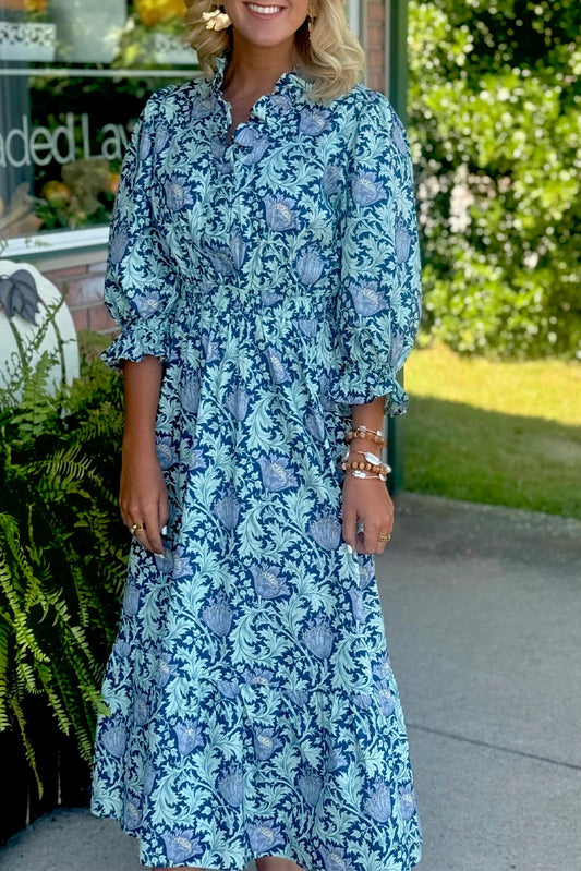 Sky Blue Floral Printed Frilled V Neck Bracelet Sleeve Long Dress