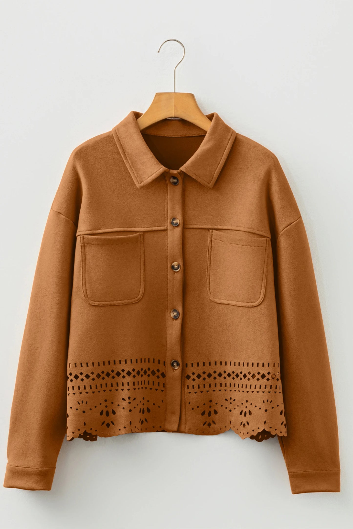 Solid Color Faux Suede Hollowed Detail Retro Style Jacket