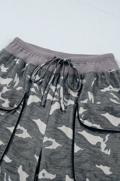 Multicolour Drawstring Contrast Waistband Camouflage Cargo Barrel Pants