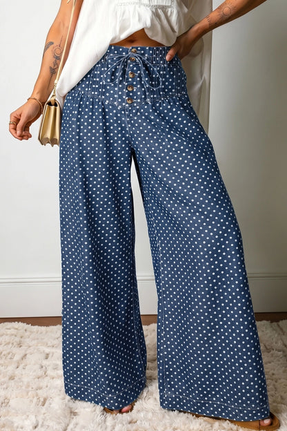 Sky Blue Polka Dot Print Button Pleated Detail Wide Leg Jeans