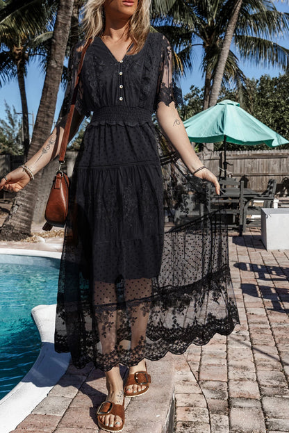 Black Dotty Lace Mesh Flowy Maxi Dress