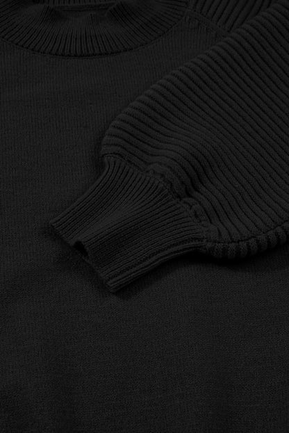 Black High Neck Puff Sleeve Sweater Pleated Mini Skirt 2pcs Knitted Outfit