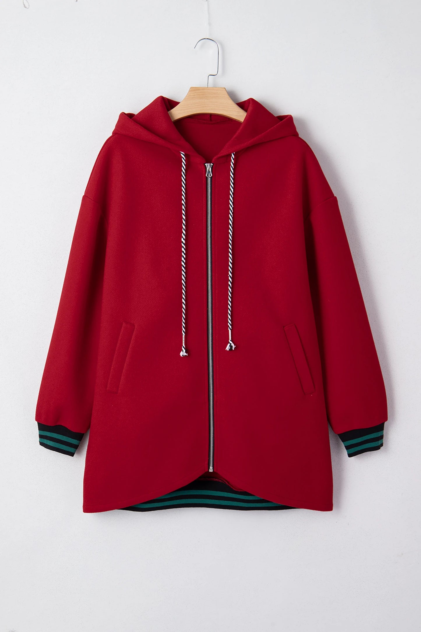 Contrast Cuffed Drop Shoulder Zip up Tunic Hoodie